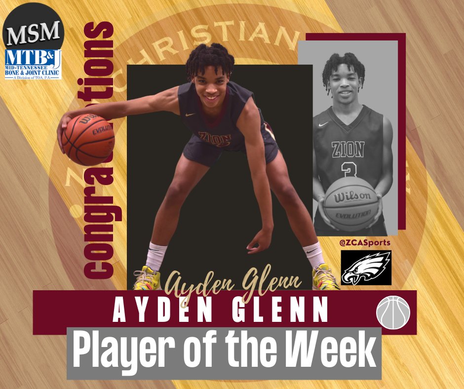 ZCA Athletics (@zcasports) on Twitter photo Congratulations to Ayden Glenn - Main Street Maury/MTB&J Player of the Week!
#TakeFlight
<a href="/ZCABasketball/">Zion Christian Academy Basketball</a>
<a href="/Kbratton11/">Kelly Bratton</a>
@S_Mart35
<a href="/westin_04/">Westin Ford</a>
<a href="/mopatton_sports/">Maurice Patton</a>
<a href="/MainStreetPreps/">Main Street Preps</a>
<a href="/MainStreetMaury/">Main Street Maury</a> Congratulations to Ayden Glenn - Main Street Maury/MTB&J Player of the Week!
#TakeFlight
<a href="/ZCABasketball/">Zion Christian Academy Basketball</a>
<a href="/Kbratton11/">Kelly Bratton</a>
@S_Mart35
<a href="/westin_04/">Westin Ford</a>
<a href="/mopatton_sports/">Maurice Patton</a>
<a href="/MainStreetPreps/">Main Street Preps</a>
<a href="/MainStreetMaury/">Main Street Maury</a>