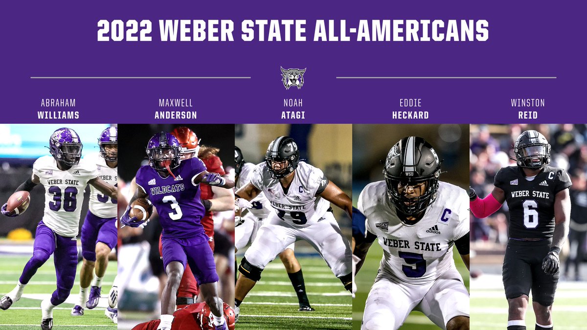weberstatefb's tweet photo. 2022 ended with 5️⃣ Wildcats earning All-America honors! 

Congrats @abrahamw44. @_princeuno, Noah Atagi, @EddieHeckard5 and @winstonreid43 👏 

https://t.co/rs2yen9U3X

#WeAreWeber https://t.co/zFUqZO1CY8