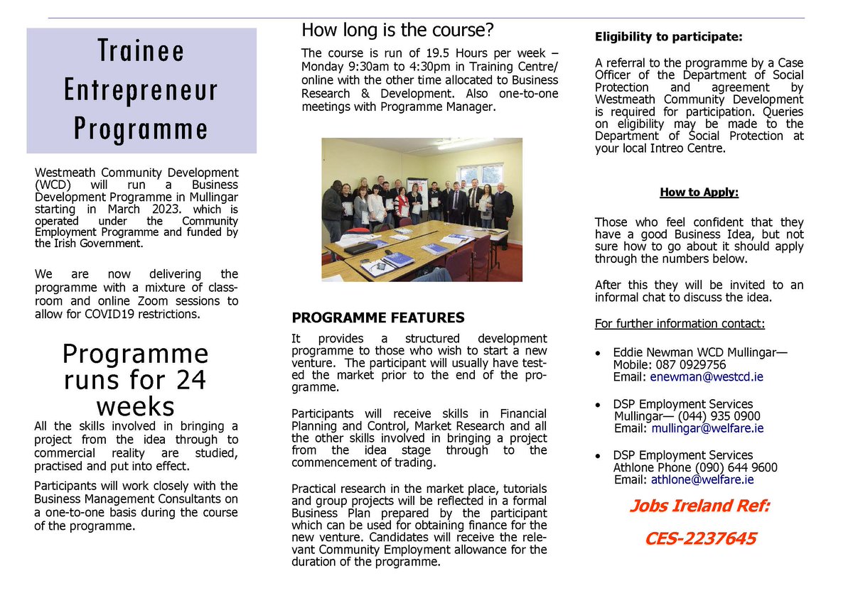 whcclibrary's tweet image. Westmeath Community Development's Trainee Entrepreneur Programme is starting in March 2023. Contact Eddie Newman for more details - 087 0929756 or email enewman@westcd.ie #workmatters #business #entrepreneurship

@WestmeathComDev