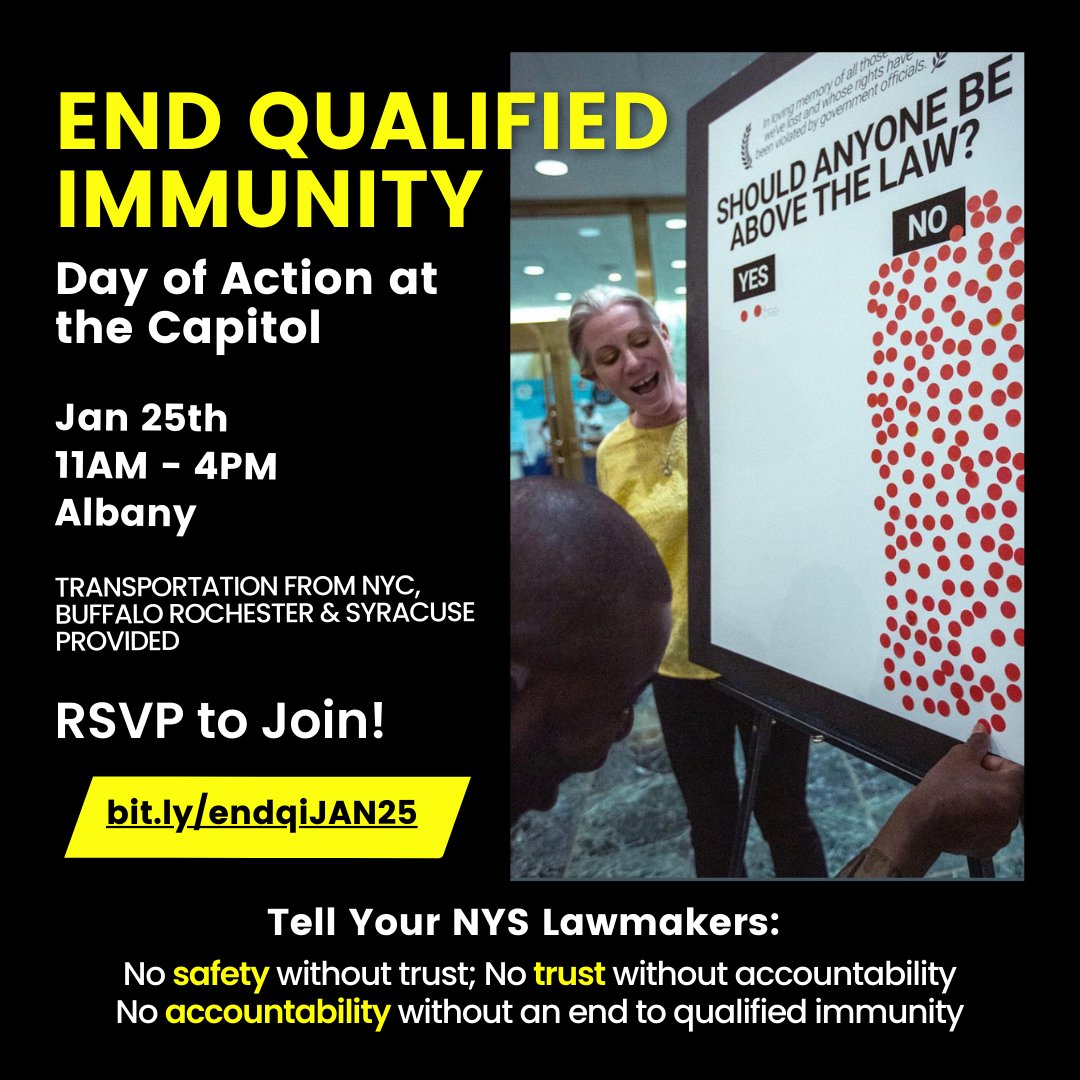 Do you want: ✅NY to be safe for everyone? ✅To live in a state where we can protect our civil rights no matter who violates them? ✅Grieving families to have a fair chance at justice? If yes, join us in Albany for rally & meetings w/ lawmakers! RSVP: bit.ly/endqiJAN25