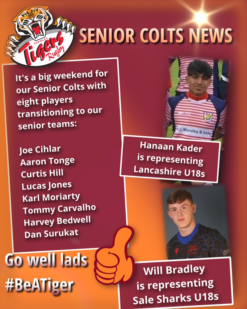 SedgleyTigers's tweet photo. 📢 Shout out to some of our Senior Colts this weekend.

Hanaan Kader is representing Lancashire U18s.

Will Bradley is representing Sale Sharks Under 18s.

Eight players transitioning to our senior teams.

Go well lads!

#BeATiger 🐅🐅🐅 https://t.co/ngPzMIZ3ux