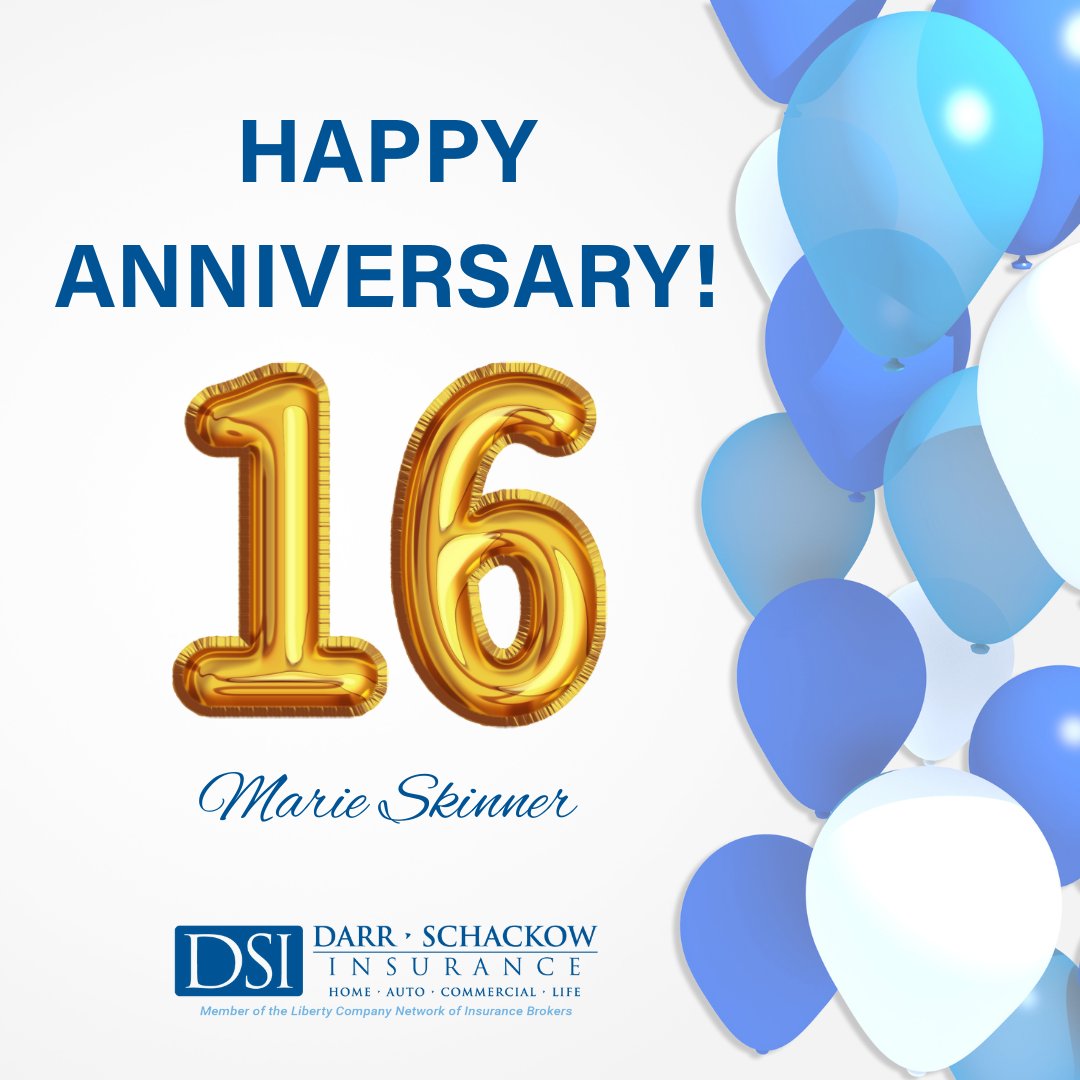 DarrSchackow's tweet image. We at Darr Schackow Insurance would like to express our sincere gratitude and appreciation for all that Marie Skinner has contributed over the past 16 years! 
Thank you, Marie – Congratulations on 16 years! 
#DSI #LibertyPartner #FLInsurance #WorkAnniversary