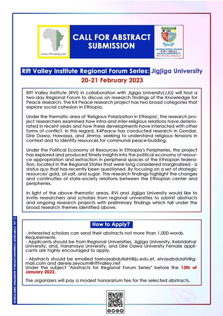 jigjigauniveth's tweet photo. Jigjiga University in Collaboration with Rift Valley Institute announces a call for abstract submission under the themes of conflict, social cohesion and resource political economics. https://t.co/qirrIFJRqe