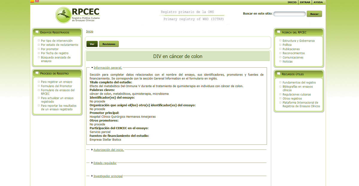 Disponible en el Registro Público Cubano de Ensayos Clínicos (RPCEC) el ensayo "Efecto del metabiótico Del-Immune V durante el tratamiento de quimioterapia en individuos con cáncer de colon". 
Consulte la información en el siguiente enlace: bit.ly/3vLmfyW