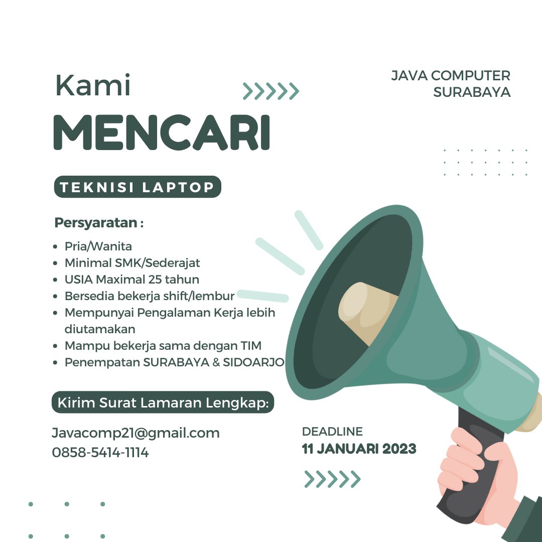 javacomp21's tweet image. nih buat kalian yang mempunyai bakat bongkar pasang laptop bisa masukkin surat lamaran dan cv kalian di Java Computer 
#lamarankerja
#kerja2023
#lowongankerja