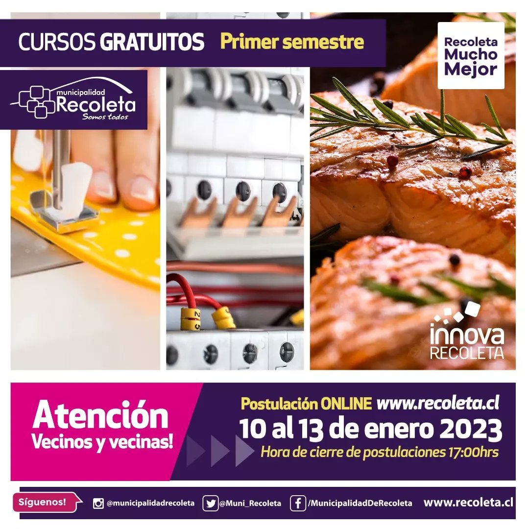 FaresJadue's tweet photo. Atención🗣️ vecinos y vecinas de #Recoleta inscríbanse en los cursos gratuitos que ofrece @InnovaRecoleta y la @Muni_Recoleta desde el  10 al 13 de enero del 2023.

Participa y prepárate para enfentar este año.👍

Para Seguir Cambiando ❤️

#RecoletaMuchoMejor
@danieljaduejadue https://t.co/1kkkEOOTQO