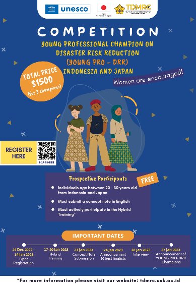 Ada kesempatan menarik untuk teman2 yang berminat ikutan training dan kompetisi terkait isu disaster risk reduction. Info lengkapnya langsung ke <a href="/tdmrc/">TDMRC USK</a> 🙌🏻