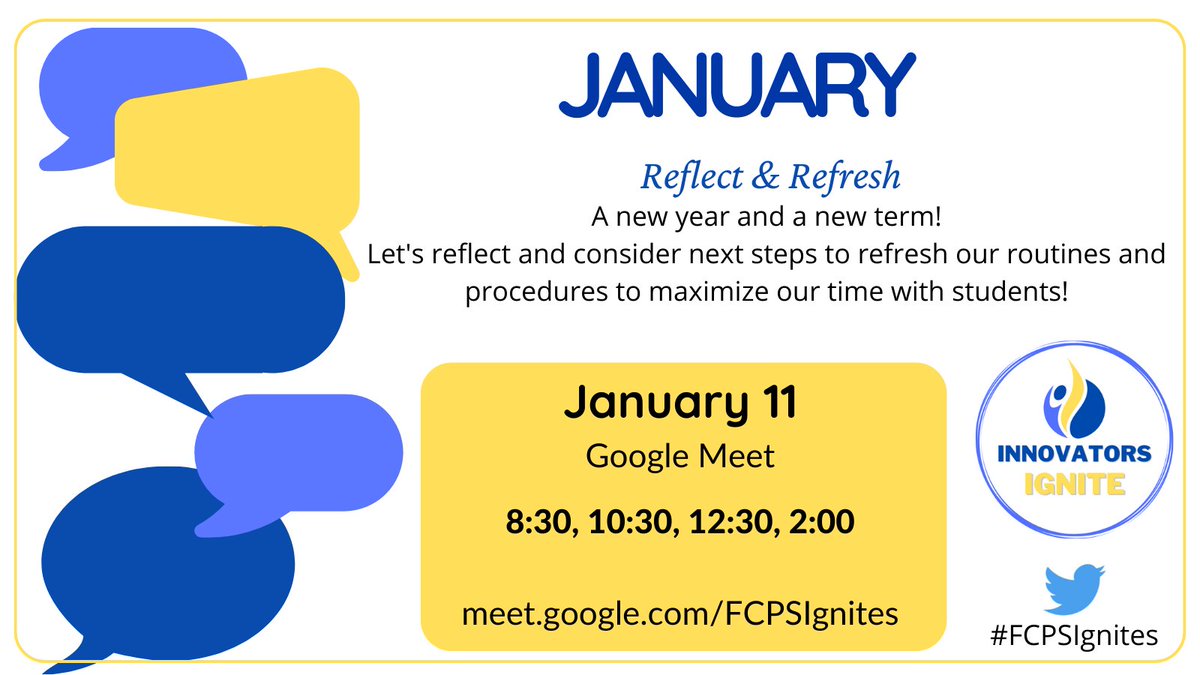 anne_navazio's tweet photo. With the end of second term next week take some time to refresh and reflect on instructional practices with @lizmathenyfcps and I! Join us on Wednesday, January 11th via google meet for our #FCPSIgnites session on refreshing and reflection! All are welcome! https://t.co/eA2NUPTLbR