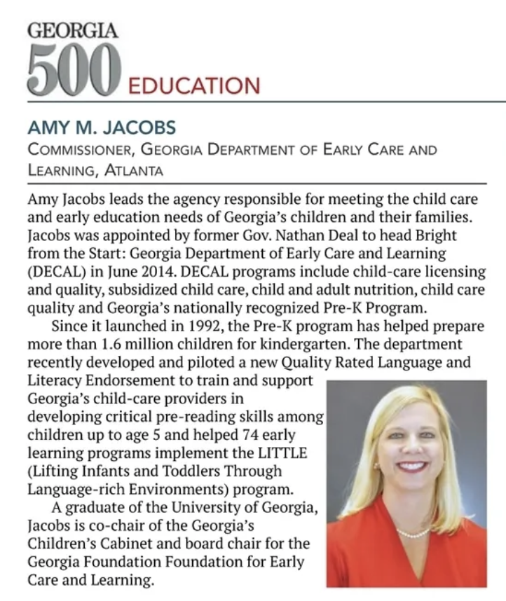 QCCGeorgia's tweet photo. Congratulations to Georgia Department of Early Care and Learning Commissioner Amy Jacobs for being selected as one of Georgia's Most Influential Leaders in @GeorgiaTrend 's Georgia 500! #GeorgiaTrend500 #EarlyEdGa #GaChildCare #GaECE @GADeptEarlyCare
https://t.co/FMigT1zrOO https://t.co/ne9jE4sjCZ