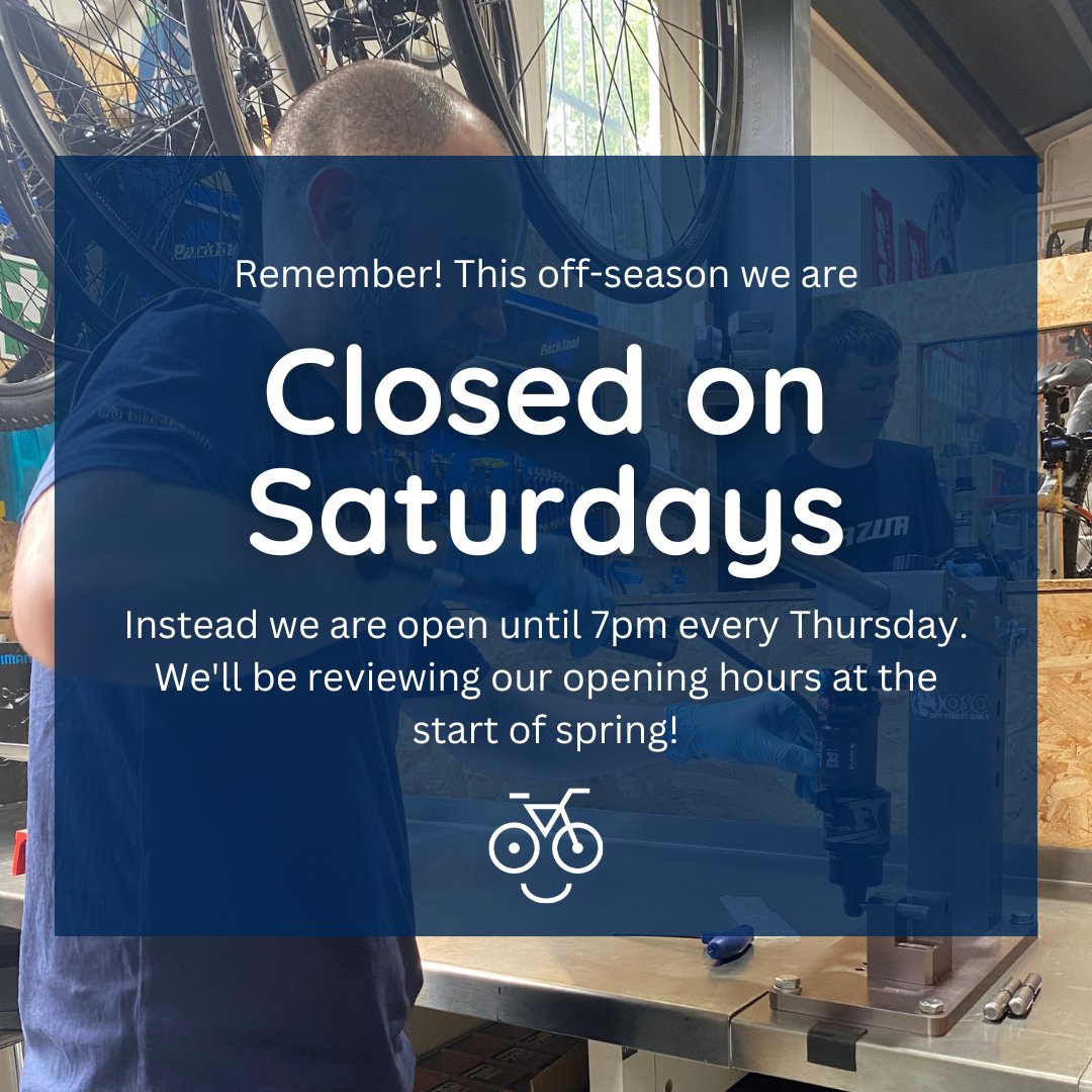 bike4healthorg's tweet photo. Remember! We're closed on Saturdays in Winter 2023. 

🕰️We're open later on Thursdays (until 7pm) 
🚚Our collection and return service is still running to most NE postcodes for £10
🍃We'll be reopening on weekends in Springtime

#b4hworkshop #morepeopleonbikes #shoplocal https://t.co/uG2mEgSuV5