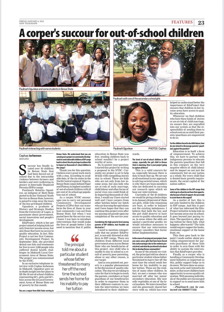 TheGCFR_'s tweet photo. My community development project as a corps member serving in Benue State got featured on today’s copy of @NewTelegraphNIG .I have committed the last few months to crowdfunding for this purpose- helping children in low income areas in Benue State access quality education. https://t.co/OkwfURzLn2