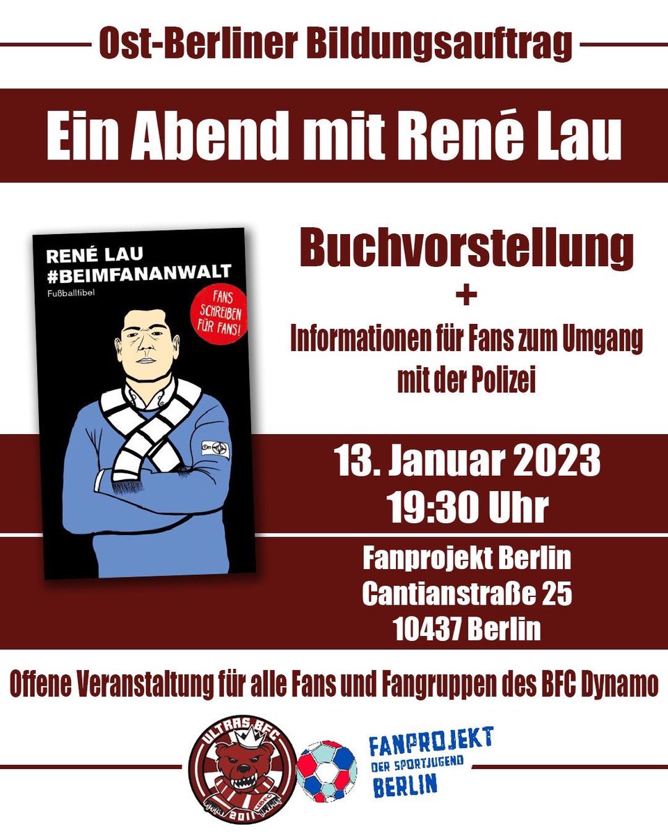 renelauberlin's tweet photo. Am Freitag, 13.01.2023, bin ich im @FanprojektB mit einer weiteren #Lesung meines Buches „Beim Fananwalt“ zu Gast. Veranstaltet wird alles von den Ultras des @BFCDynamo , die mich auch gebeten haben, die Lesung mit einem Rechtshilfevortrag zu verbinden. #beimfananwalt #ubfc https://t.co/hzAXkZ6MhU