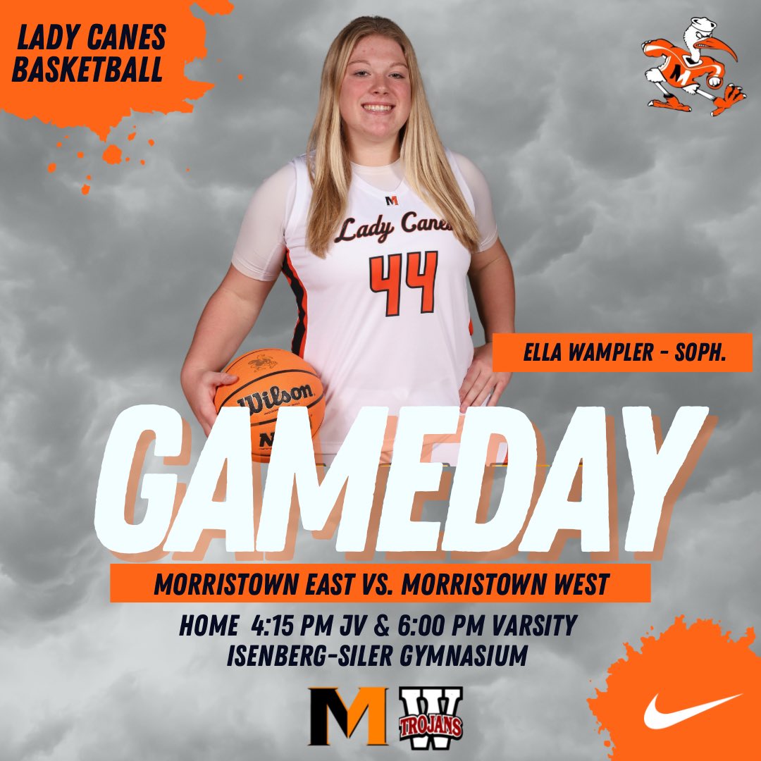 Lady Canes return home to Isenberg-Siler Gymnasium tonight to take on Morristown West.  Game time is 4:15 pm for JV Girls and 6:00 pm for Varsity Girls.  #GoLadyCanes🏀⚫️🟠⚫️🟠