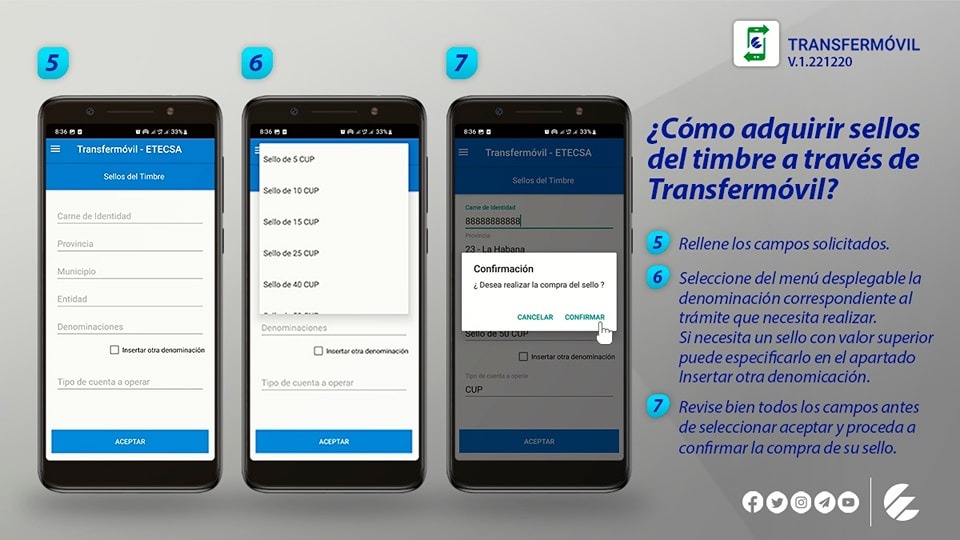 ETECSA_Cuba's tweet photo. Guía rápida para adquirir los sellos de timbre a través de la nueva versión de #Transfermóvil 📲. https://t.co/sCb0ULcYuF