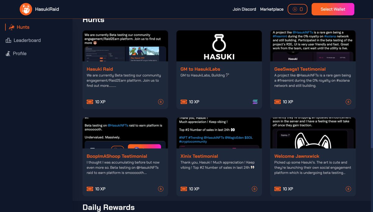 Gm,

Our Social Engagement/Raid2Earn platform is now live! 

hunt.hasukimap.com

Current rewards include $SOL $BONK &amp; $BOOP