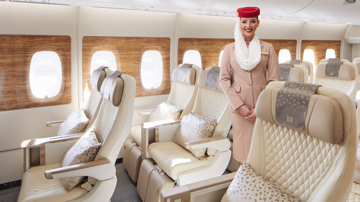 emirates's tweet photo. New year, new look. The first retrofitted Emirates A380, complete with refurbished cabin interiors and the popular Premium Economy seats, is ready for boarding. ✨ https://t.co/tlPRbSVMpd https://t.co/dx1zP72cTL
