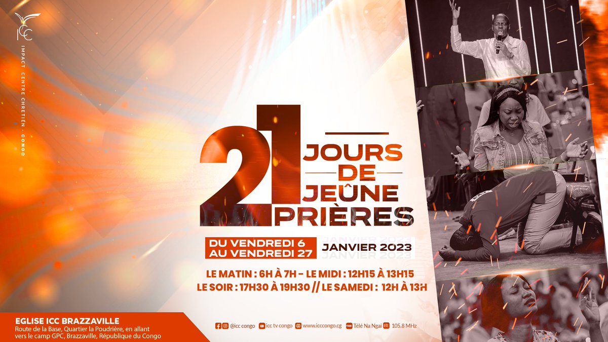 Nous débutons aujourd'hui notre programme spécial 21 jours de prière !
Préparons-nous pour une nouvelle dimension de feu par le Saint-Esprit ! 
#JeûneetPrière #ICCBrazzaville #JesusChrist