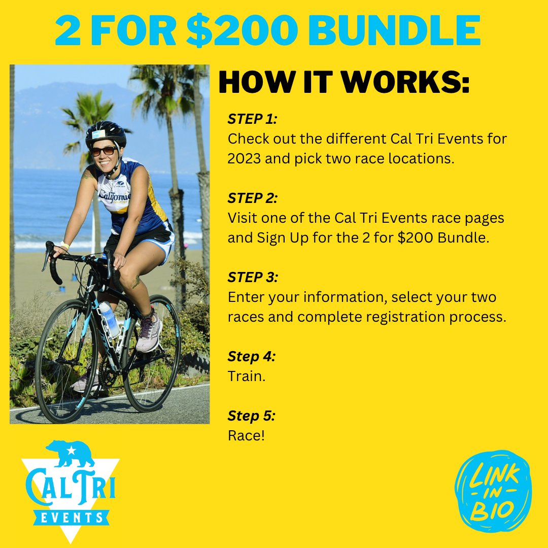 Cal Tri Events is pleased to offer a 2 for $200 race bundle! This is a perfect opportunity to save some cash especially for the early season races in Texas and California. californiatriathlon.org/events/