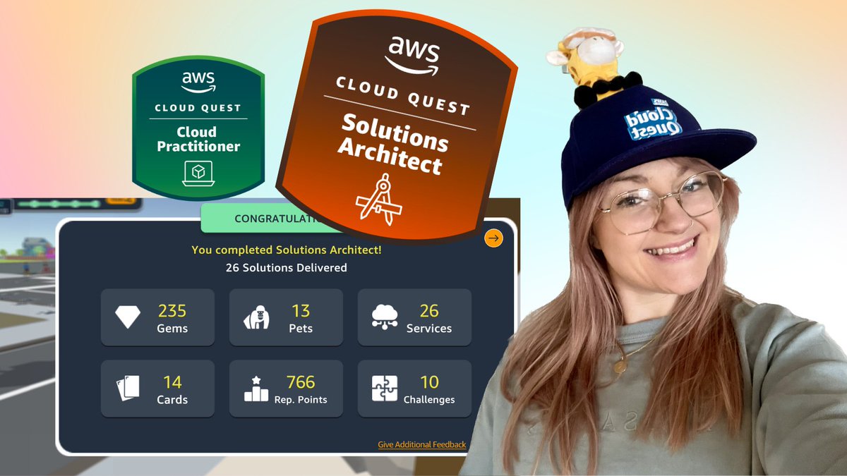KatieARaby's tweet image. Starting the year off strong! Completed the Solutions Architect badge in Cloud Quest 🌥️✨ I&apos;ve completed 26 hands-on labs with real world challenges, each with DIY sections! I love gamified learning 💗 #AWScommunity @awscloud #AWSskillbuilder