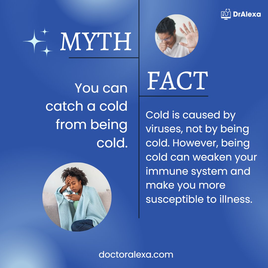 mydoctoralexa's tweet photo. Myth- You can catch a cold from being cold ❌
Fact-  Colds are caused by viruses, not by being cold. Being cold can weaken your immune system and make you more susceptible to illness.

Visit https://t.co/6jTMW47fFu for your healthcare needs

#coldflu #cold #DoctorAlexa #Cold https://t.co/rycCnHHnZz