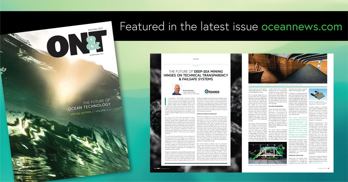 OkeanusRentals's tweet photo. Thank you to our friends at Ocean News &amp; Technology for profiling our expertise on #deepseamining and the technology and failsafe engineering needed to successfully retrieve polymetallic nodules from #seafloor depths of over 4,000 meters. https://t.co/nO75vfbCxe https://t.co/bMV0KPm5uS