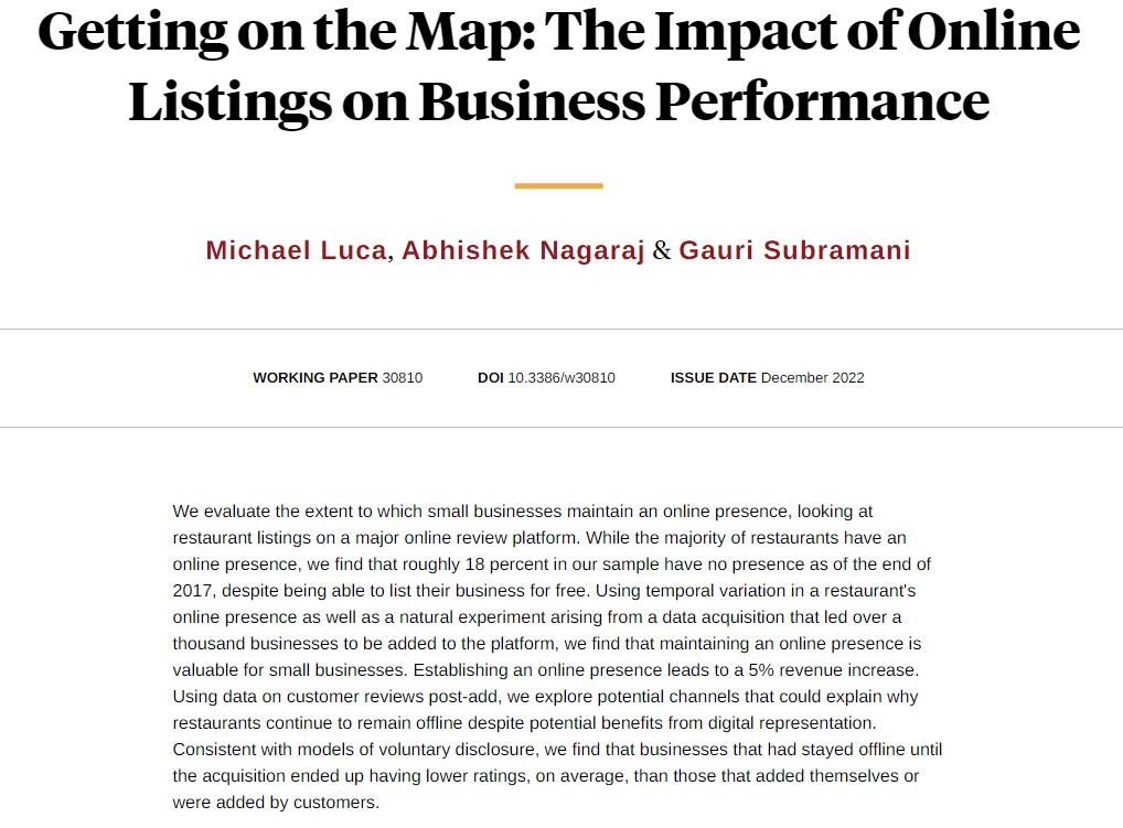 NBER (@nberpubs) on Twitter photo Small restaurants experience a 5 percent revenue increase after being listed on Yelp, from <a href="/mike_luca/">Mike Luca</a>, <a href="/abhishekn/">Abhishek Nagaraj 🗺️</a>, and <a href="/gaurisubramani/">Gauri Subramani</a> nber.org/papers/w30810 Small restaurants experience a 5 percent revenue increase after being listed on Yelp, from <a href="/mike_luca/">Mike Luca</a>, <a href="/abhishekn/">Abhishek Nagaraj 🗺️</a>, and <a href="/gaurisubramani/">Gauri Subramani</a> nber.org/papers/w30810