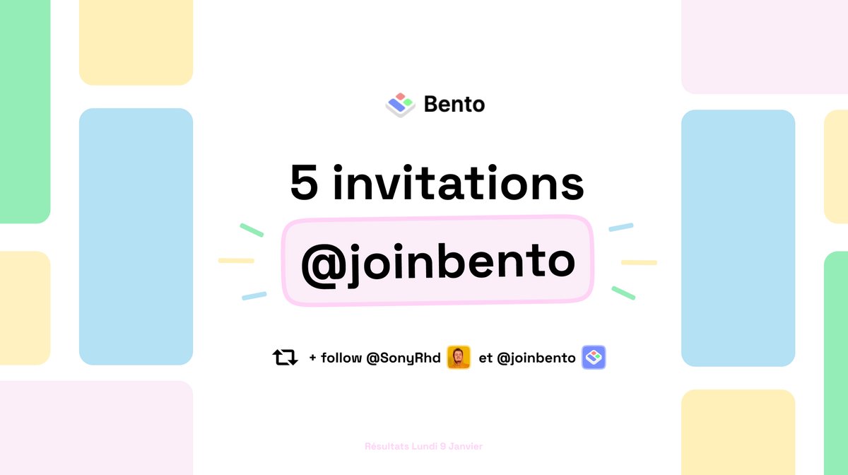 SonyRouhaud's tweet photo. Petit concours pour vous faire gagner des invitations Bento ! Un super outil pour mettre vos liens et vos contenus. Je sélectionne 5 gagnants qui me follow @SonyRouhaud 💛 qui follow @joinbento 👍🏻 et qui RT 🔁. Bonne chance les amis ! https://t.co/37s2ER2IHP