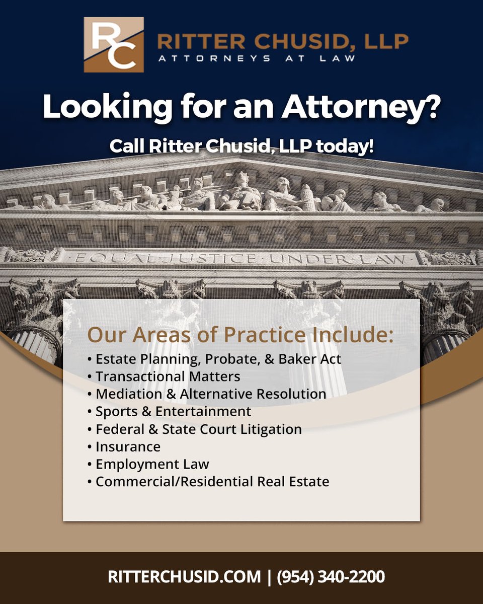 Are you looking for an attorney? Ritter Chusid is here to help! #attorney #lawfirm #lawyer #law #estateplanning #mediation #sports #entertainmentlawyer #sportsattorney #insurance #employment #commercialrealestate #residentialrealestate #realestateattorney #lawyerlife