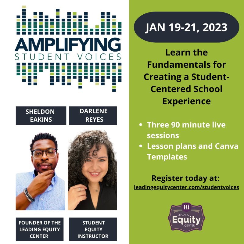 Dr. Sheldon Eakins is co-presenting a live workshop series w/Darlene Reyes to share strategies + research to help you facilitate student affinity groups at your school. He's amazing. I'm confident you'll love it. Get your ticket: …p--leadingequitycenter.thrivecart.com/amplifying-stu…  #stuvoice #eduequity