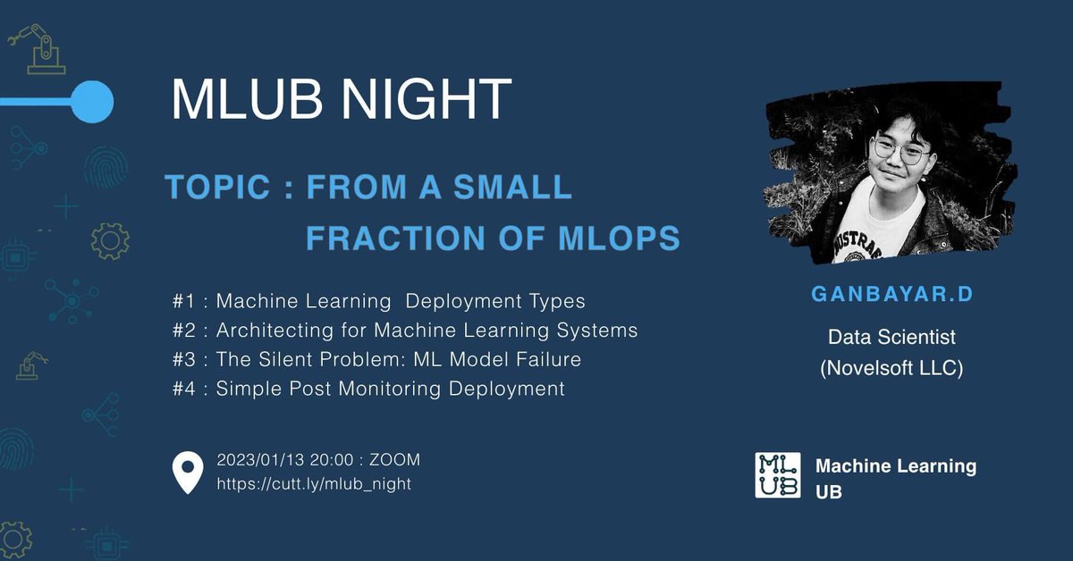 MLUB Night #12 - From a small fraction of MLOps
2023 оны эхний MLUB night арга хэмжээнд Novelsoft LLC ХХК-ны data scientist Д.Ганбаяр оролцох болно.
- Event link: cutt.ly/mlub_night
- Энэхүү арга хэмжээ нь үнэ төлбөргүй.
Дэлгэрэнгүй: mlub.mn/meeting/mlub-n…
