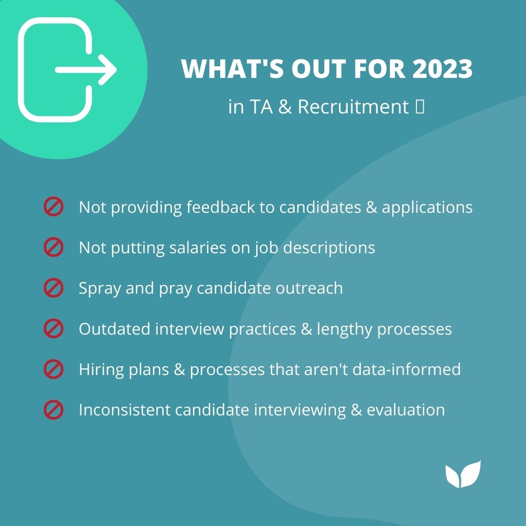 Wrapping up the first working week back with our "what's in" &amp; "what's out" thoughts for #talentacquisition &amp; #recruitment in 2023 🔮

So, what do you want to see "in" &amp; "out" 👍 when it comes to scaling teams across the next 12 months? 
#hiring #newyear #predictions2023 #talent