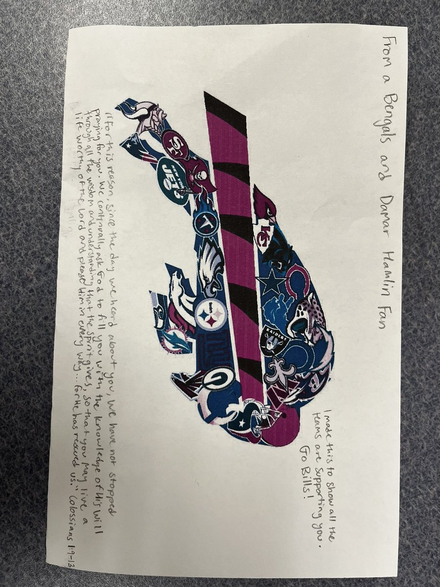 We try to teach our kids to care for our competitors and have empathy for others.  Students’ showing their support, care and empathy for Damar Hamlin and the Bills!  #MasonSchools #DamarHamlinStrong