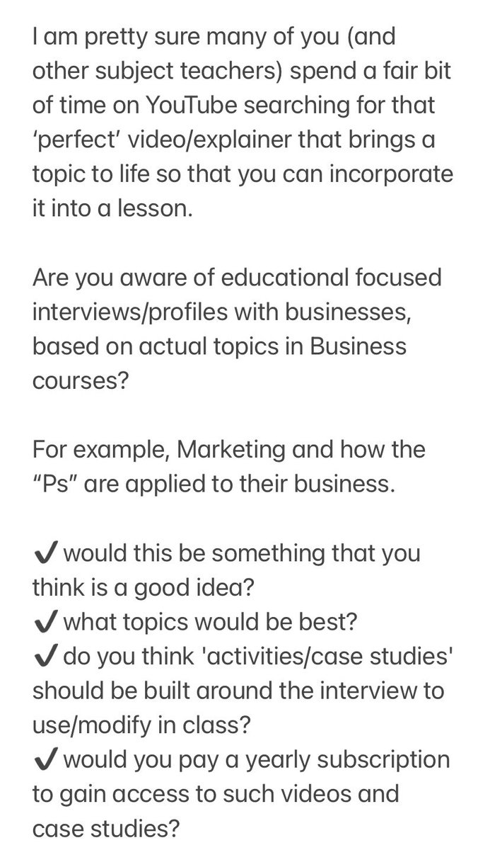 QHS_Business's tweet photo. ❓Question for BusEd Teachers

Do you spend a fair bit of time on YouTube searching for that ‘perfect’ video/explainer that brings a topic to life so that you can incorporate it into a lesson?

What would help?… #busedscotland #BusinessStudies
#bized 

Please reply/share. 🙌 https://t.co/LY3vs5pz73