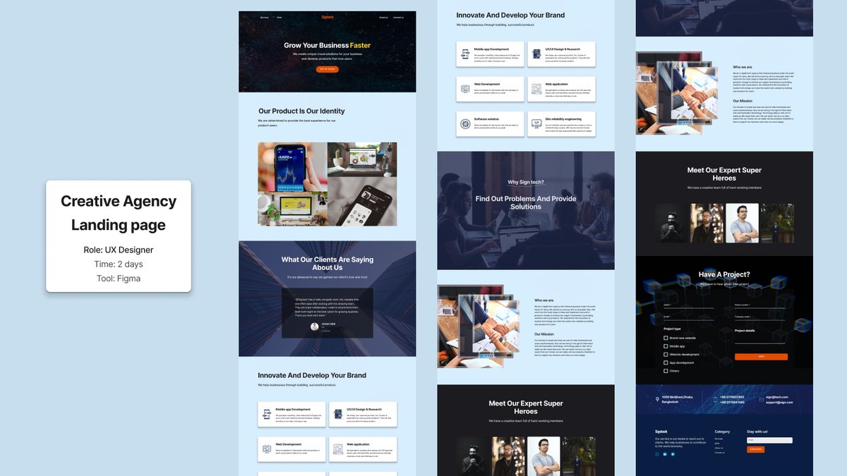 sbahamed38's tweet photo. #uxdesign 
Creative agency landing page design
Problem: Design a creative and modern landing page so that it generates the opportunity for client conversions. 
Business goals: More clients conversion
Users(Clients) wants: Professional design with trust indications
Easy to contact https://t.co/k0uoVEQv65