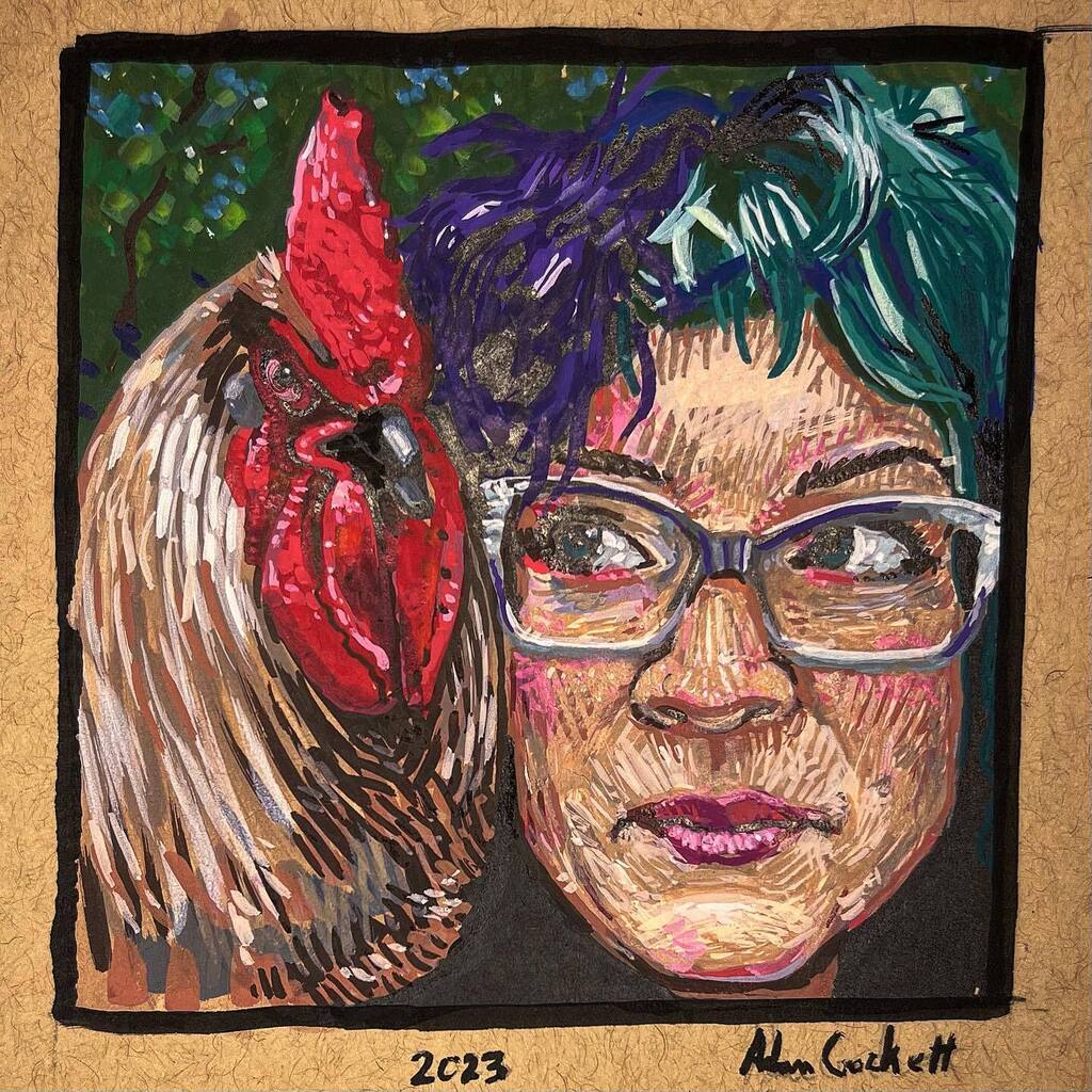 AdamMCrockett's tweet photo. Birthday portrait for @heathercrockettart. The rooster’s name was Geralt. This was before he turned evil, when he got his own flock. Trying out new arrtx acrylic markers. They’re hard to use! But fun to sketch with. 
.
.
.
#arrtx #acrylic #markers #birth… https://t.co/9q5Nkon3b5 https://t.co/DFZPz7odKk