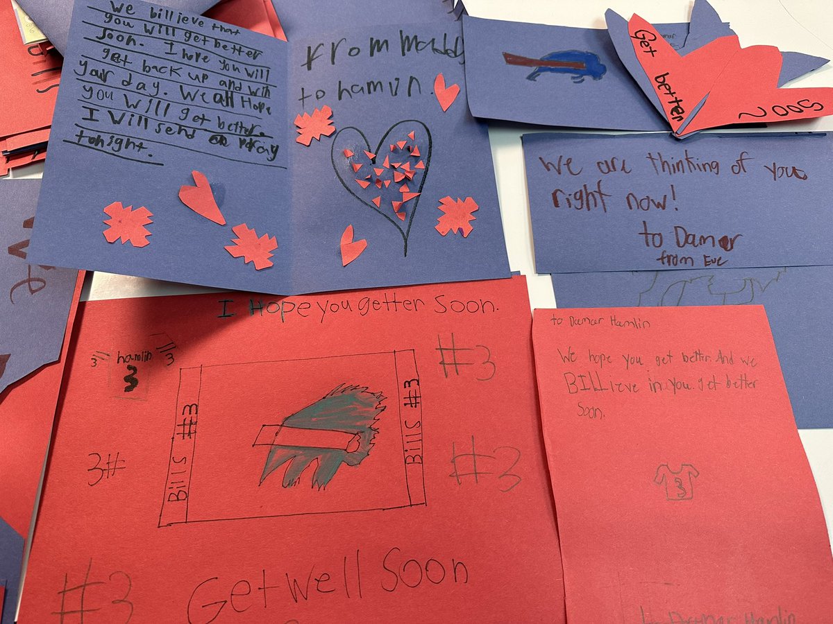 The last 2 days we’ve talked a lot about what happened Monday. Students wanted to send their well wishes to Damar Hamlin and his family, even though many are Bengals fans. Amazing to see the compassion from 3rd graders❤️💙 #BuffaloBills #DamarHamlinStrong <a href="/JFBKnights/">J.F. Burns Elem</a>