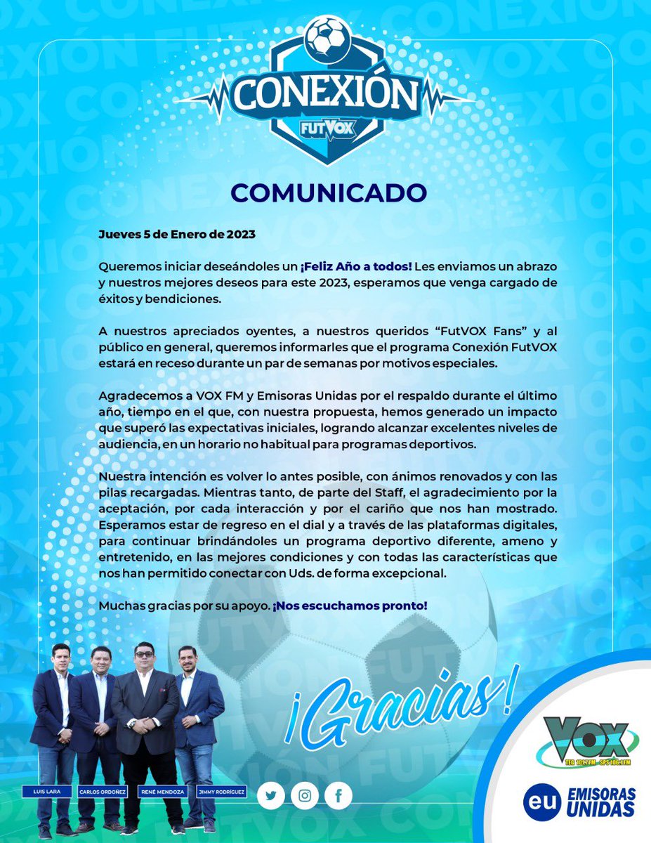 VoxFut's tweet photo. 📄 Comunicado de #ConexiónFútVOX

A nuestros oyentes,

Esperamos estar de regreso muy pronto para continuar haciendo junto a Uds; el programa deportivo ameno y entretenido, que nos han permitido conectar con el público y satisfacer a las audiencias.

¡Muchas gracias por su apoyo! https://t.co/Zq6Pgzr8Pc
