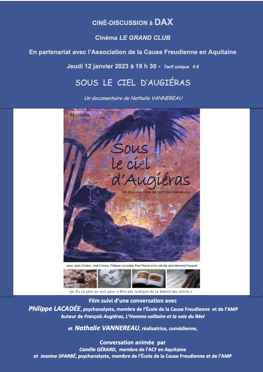AcfAquitaine's tweet photo. Jeudi 12 janvier - 19h30 - #DAX 
#Ciné-Discussion
Sous le Ciel d'Augiéras
Film suivi d'une conversation avec @LacadeePhilippe et Nathalie Vannereau https://t.co/mZRFtbbzsU