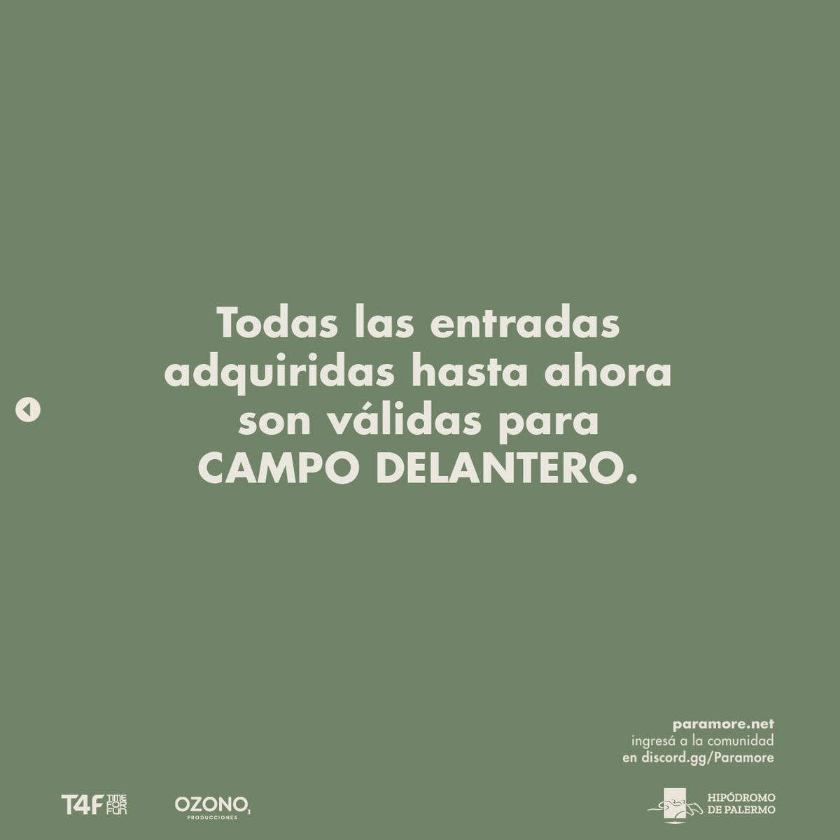 📣 <a href="/paramore/">paramore</a> en Argentina ¡Nuevas ubicaciones!

👉🏻Sumamos CAMPO TRASERO, para que tengas más opciones al comprar tus tickets.

⚠️Los adquiridos hasta el 5 de enero, son válidos para CAMPO DELANTERO.

🗓 7 de Marzo
📍 Hipódromo de Palermo 

🎫 #Etickets en bit.ly/3TYBjDf