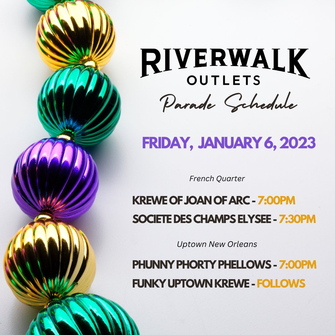 RiverwalkNOLA's tweet photo. Today’s Riverwalk Parade Schedule is as follows! 🎭
What parade will you be attending today?
#riverwalknola #nola #neworleans #paradeschedule #thingstodoinneworleans #mardigras #lundigras https://t.co/Zy9GveXhe2