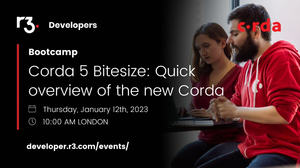 inside_r3's tweet photo. Start the year with #Corda! Join us for a #developer webinar on January 12 to discover what's new with Corda 5. We've moved away from the node-based #blockchain identity and adopted a more robust model of #virtualnodes with #Kafka. Register now: https://t.co/ZEQTEL1Nj9 https://t.co/Ki1zU6CWVP