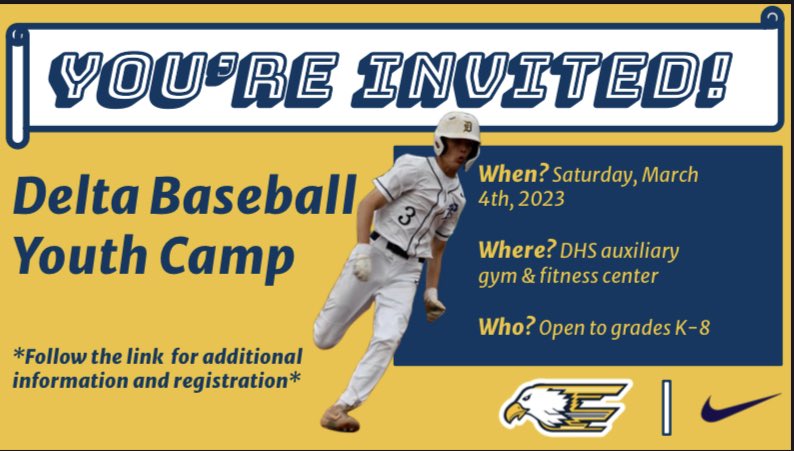 DeltaEagles_BSB's tweet photo. We are excited to host our first Delta Baseball youth camp! Check out the graphic below for information and follow the link to register. Email coach Wilburn dwilburn@delcomschools.org with any questions. Go Eagles!

https://t.co/NDwtdVY17f https://t.co/K1xiBhogRR