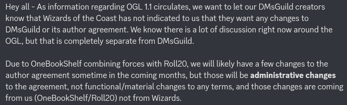 @AnneofManyNames @ChaosOS_59 I did reach out to the Guild, by the way. As there was a rumor floating around that WotC was attempting to have the new OGL terms apply at the Guild as well.

OneBookShelf hasn't yet received any communications from WotC about any changes regarding the Guild