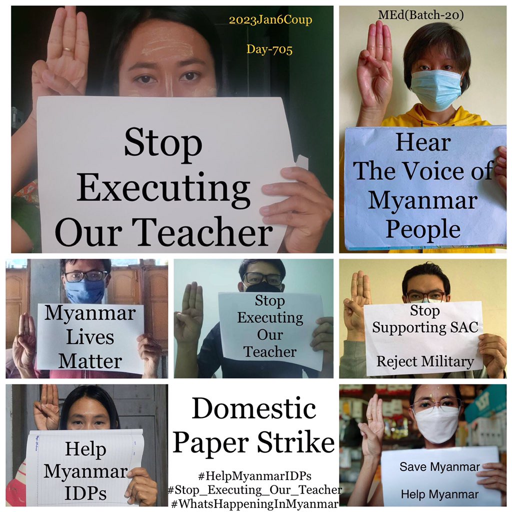 ActivistLittle's tweet photo. Daily anti-coup revolutionary domestic strike by pro-democracy CDMer teachers from Sagaing University of Education as 705th day.

#2023Jan6Coup #WhatsHappeningInMyanmar https://t.co/rTcaYaXxdV