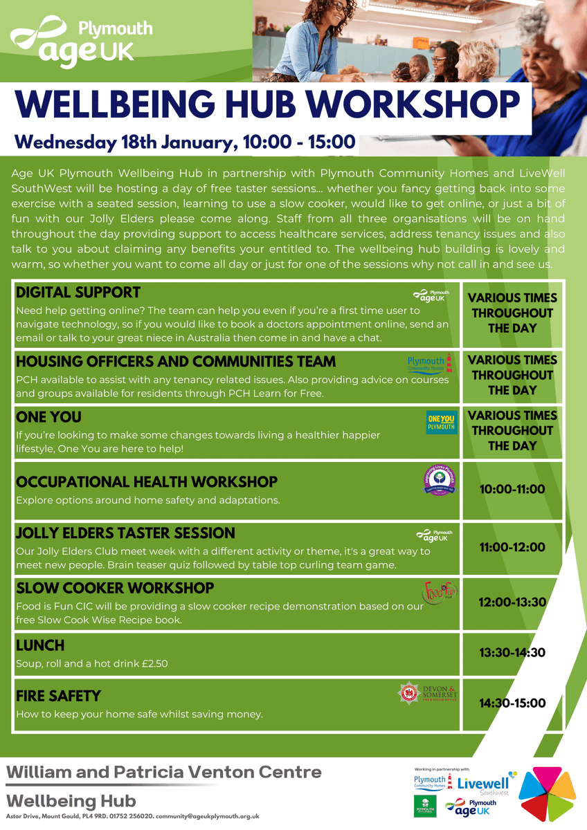 🍃 We've partnered with Age UK Plymouth and LiveWell South West for a day of free wellbeing sessions.  

📆 10am to 3pm, Wednesday 18 January
📍 William and Patricia Venton Centre, Astor Drive, Mount Gould, PL4 9RD