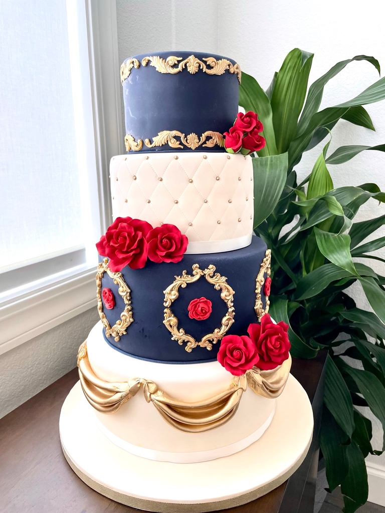 cvapodaca's tweet photo. We delivered this Beauty and the Beast-inspired Quinceneara cake, fully stacked, to its venue over 1 hour away. Pics shown are the cake at my home, in the car, and at the venue! Watch the full tutorial on YouTube where we show you how we stack a 2, 3, and 4 tier cake! 💖🎥 https://t.co/rH50soEUpp