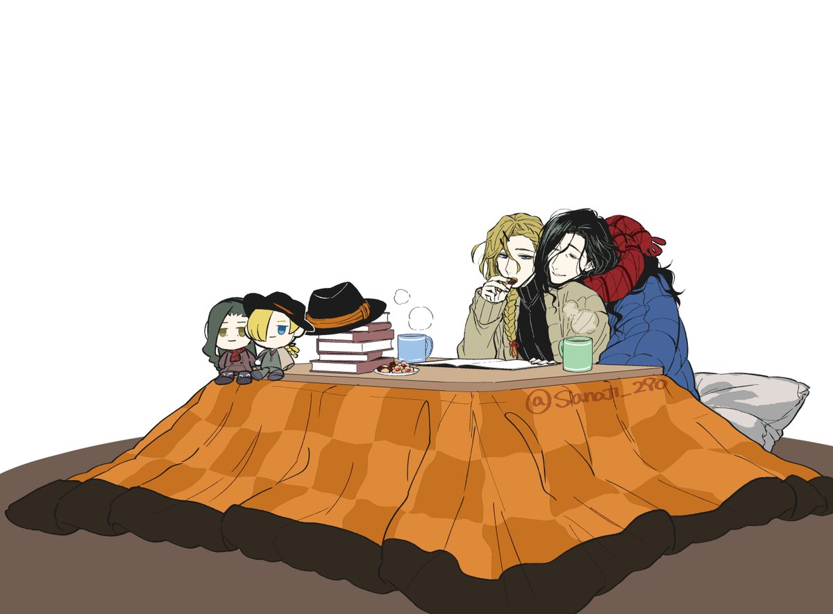 table kotatsu cup black hair blonde hair multiple boys hat  illustration images