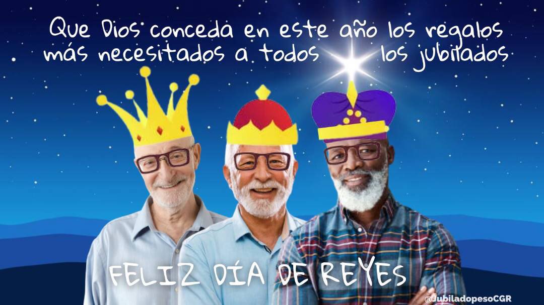 Jubiladopesocgr's tweet photo. #felizviernesatodos 

Hoy #diadereyes recordamos con júbilo la llegada de los Reyes magos a Belen para honrar al Niño Dios. Una fecha de celebración para muchos, el mejor regalo para los #jubilados es una #pensiondigna este 2023 https://t.co/lMaKn1B737