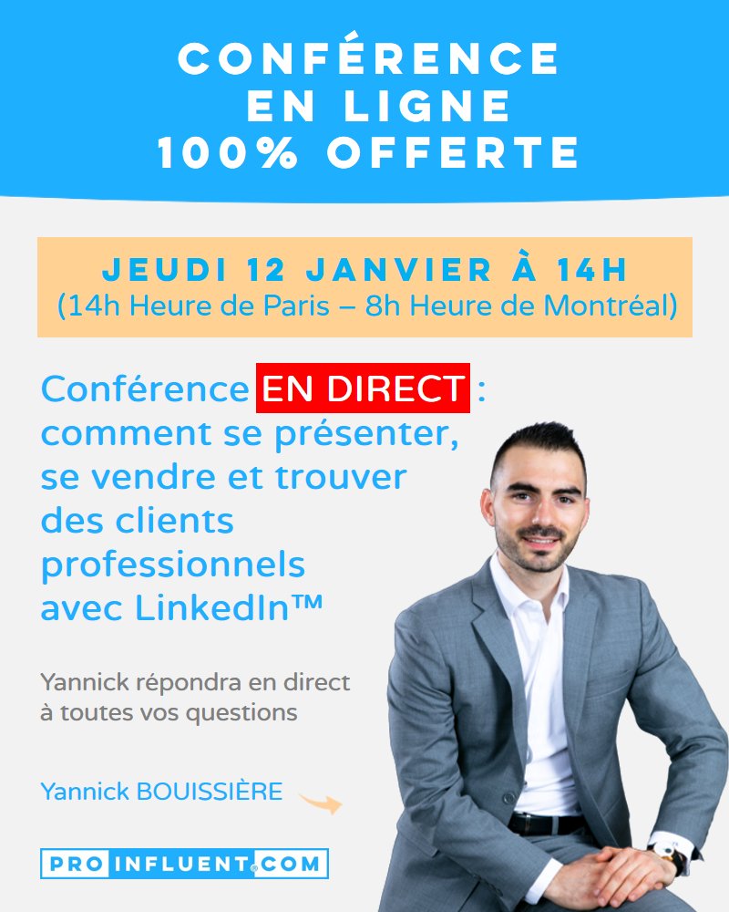 Proinfluent's tweet image. Conférence 100% offerte ce jeudi 12 janvier à 14h ! Je vous partage les techniques les plus puissantes pour vous présenter, vous vendre et trouver des clients professionnels avec LinkedIn™. Inscrivez-vous dès maintenant : proinfluent.com/conference-en-…
#Proinfluent #formationenligne