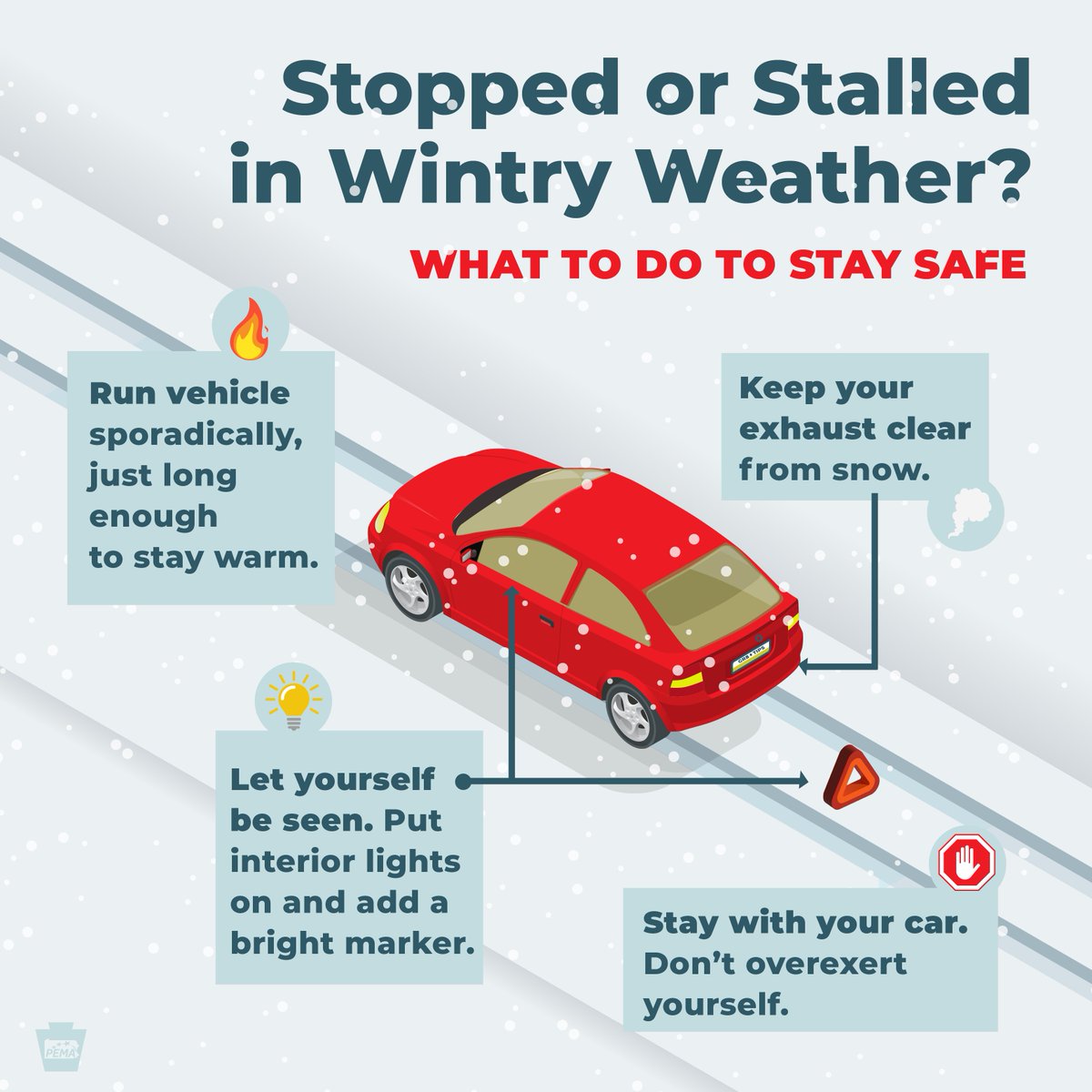 PEMAHQ's tweet image. Life-saving tips for anyone stranded in winter weather:

🔥 Run vehicle sporadically to stay warm
💨 Keep exhaust clear from snow
💡 Turn on lights/add bright markers to be seen
🛑 Don't leave the vehicle or overexert yourself